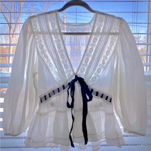 Free People Favorite Romance Cream Floral Lace Peasant Blouse size Medium